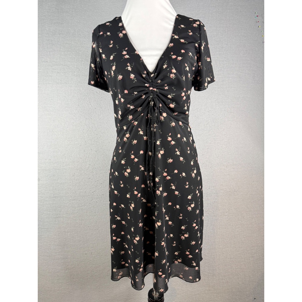 Hollister‎ Floral Mesh Dress Womens Large Black Pink Smocked Cottagecore